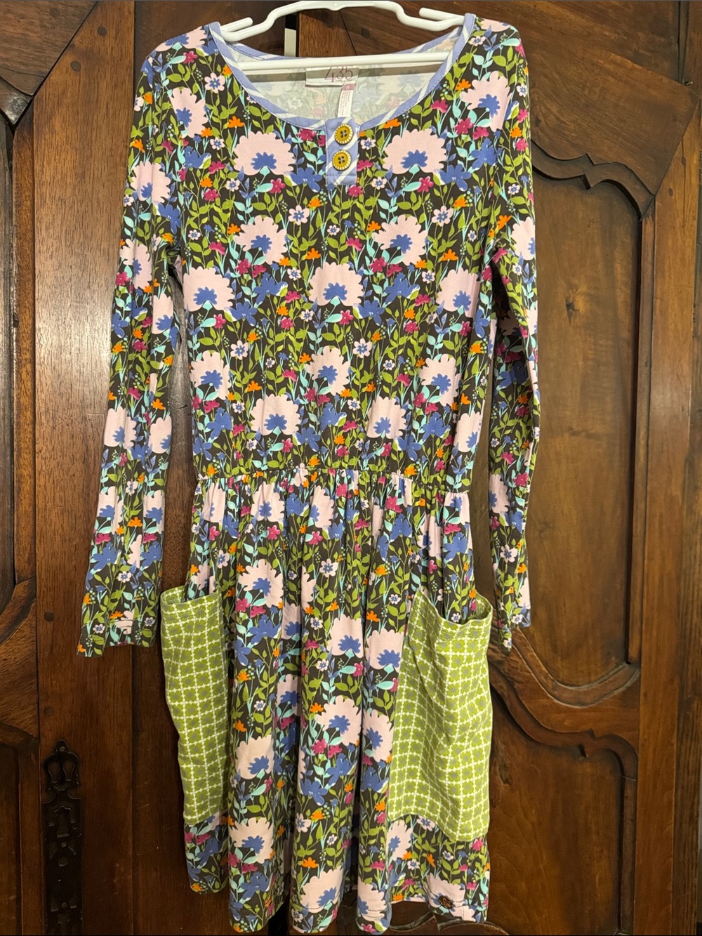 Matilda Jane Girls Floral Long Sleeve Dress with Green Pocket Accents